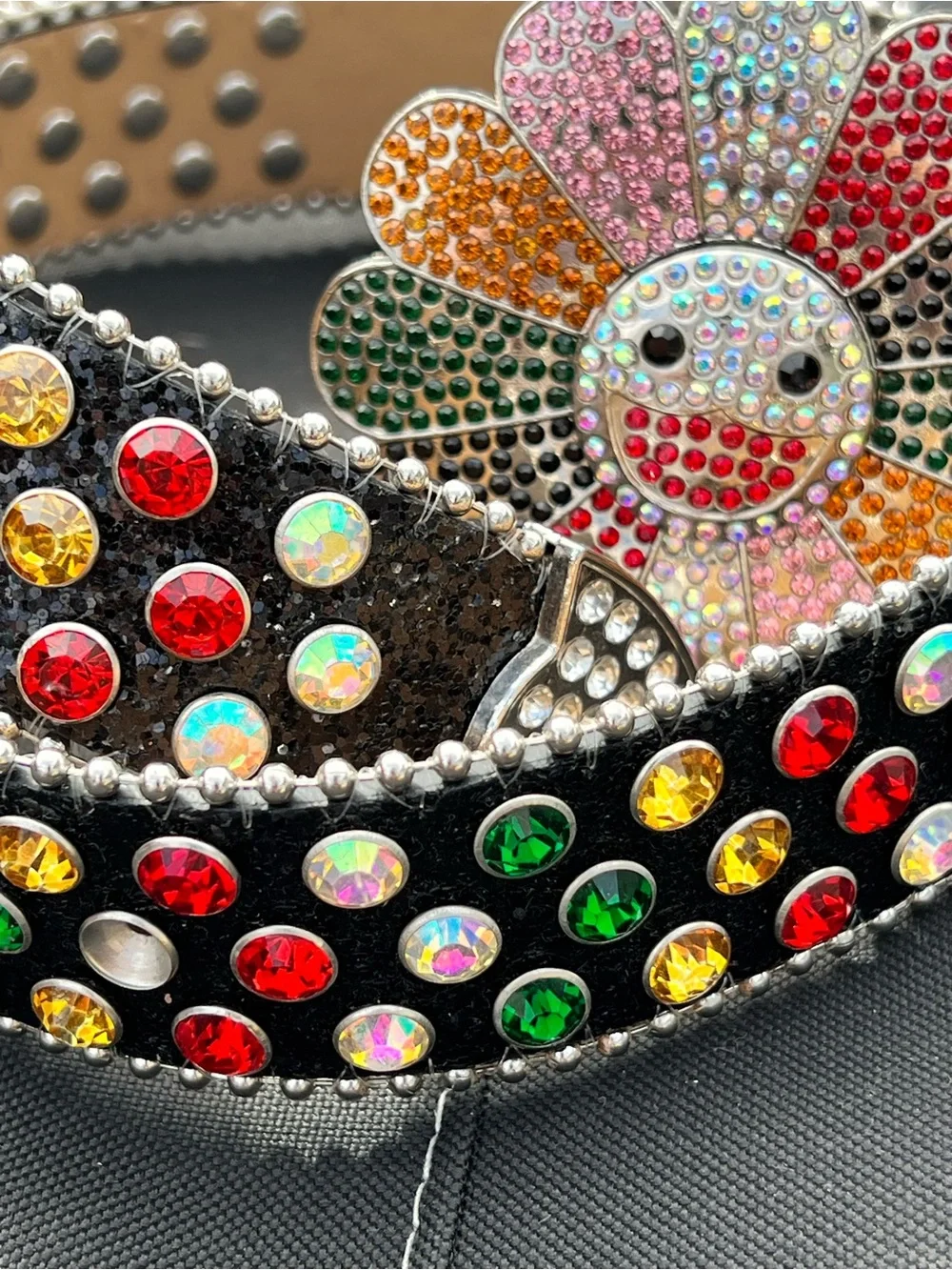 Y2K MURAKAMI FLOWER SILVER RHINESTONE GLITTER STUDDED BB BELT *1 Rhinestone Miss